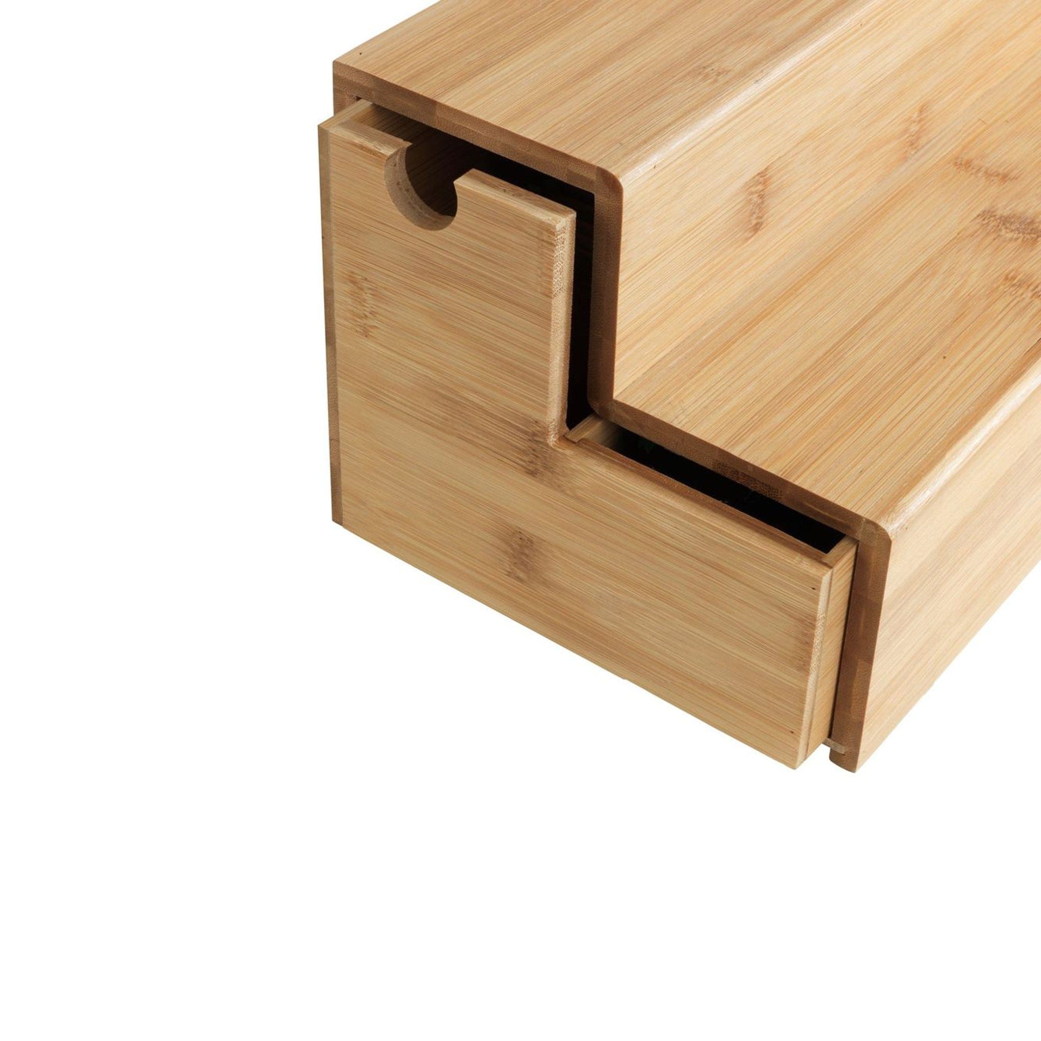 A high-quality kitchen organizing system with a drawer on both sides for tea, coffee, or hot chocolate. Two steps for placing cups, honey, cinnamon or any other spices that you use to make that perfect hot beverage. Made of environmentally-friendly, rapidly renewable bamboo