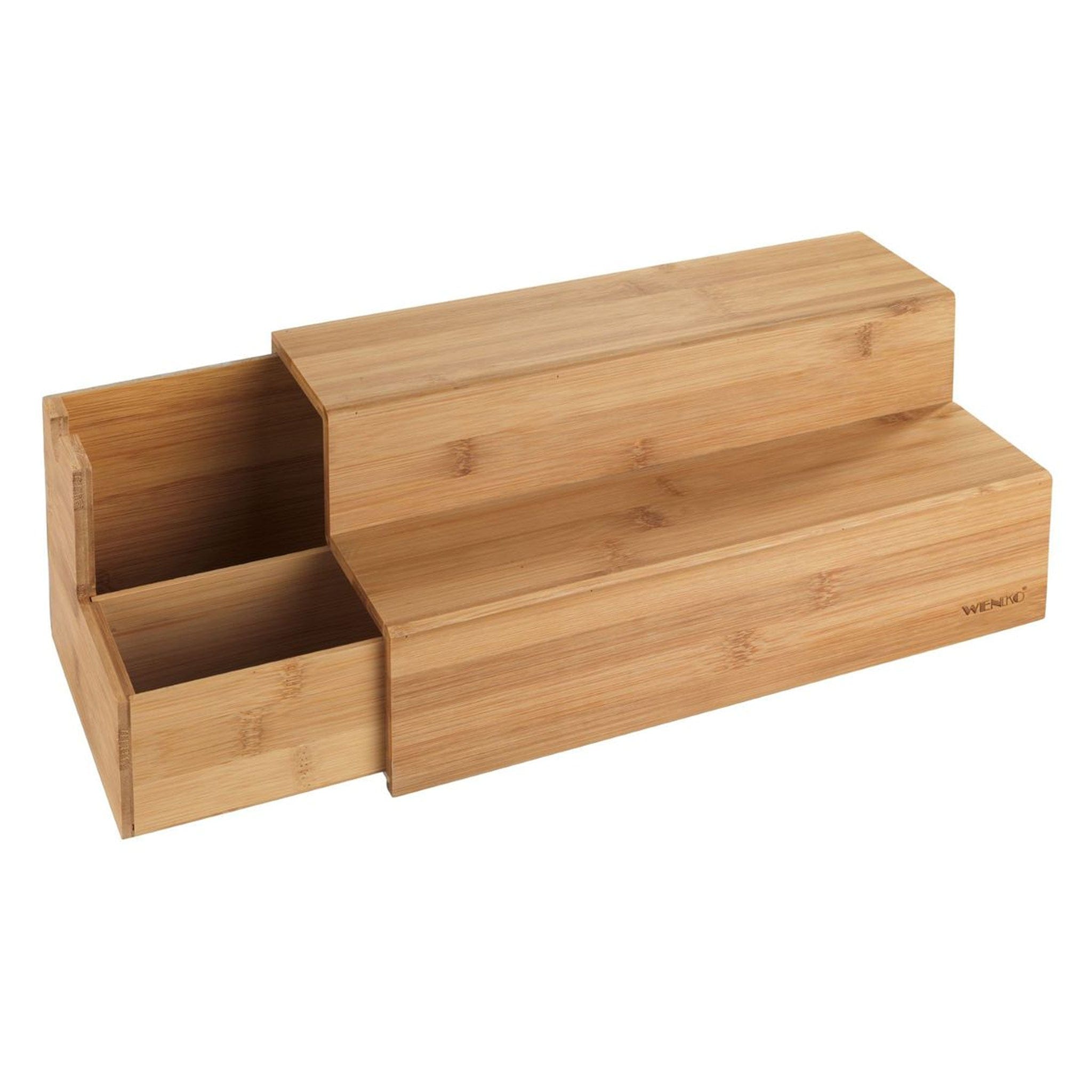 A high-quality kitchen organizing system with a drawer on both sides for tea, coffee, or hot chocolate. Two steps for placing cups, honey, cinnamon or any other spices that you use to make that perfect hot beverage. Made of environmentally-friendly, rapidly renewable bamboo