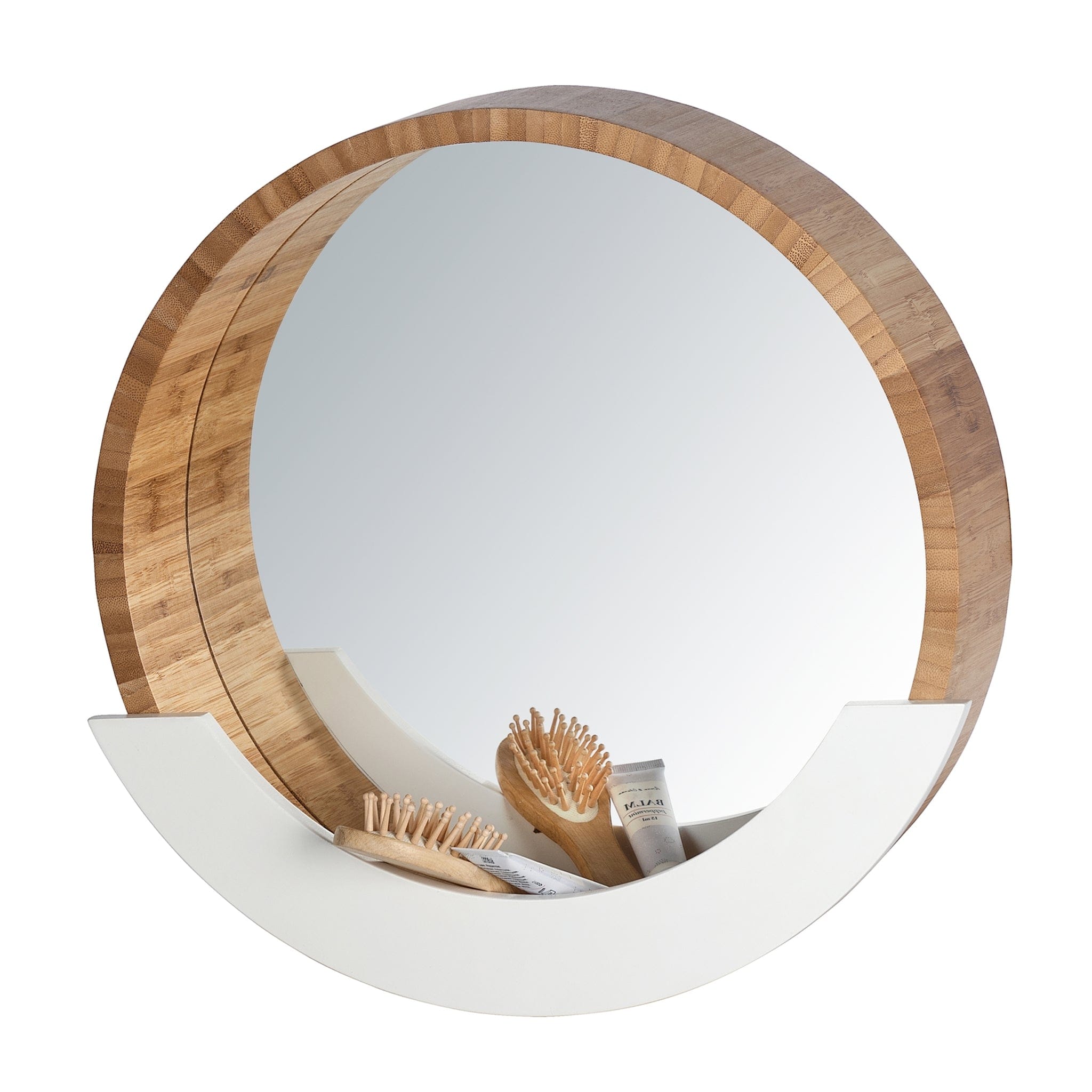 Modern wall mirror with an integrated storage shelf for keys, mobile phones or cosmetics. Offers a combination of functionality and design. Particularly suitable for use as cosmetic mirror.