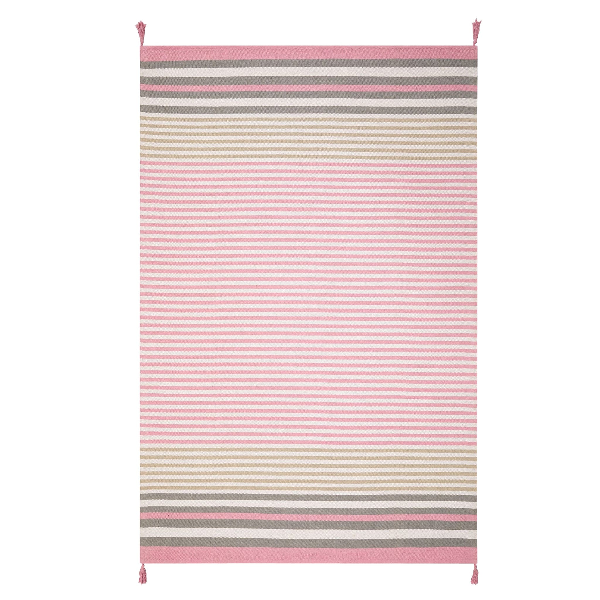 A balanced palette of striking pink and neutral hues, this rug was designed to brighten a range of spaces, including bedrooms, playrooms, and dining rooms.