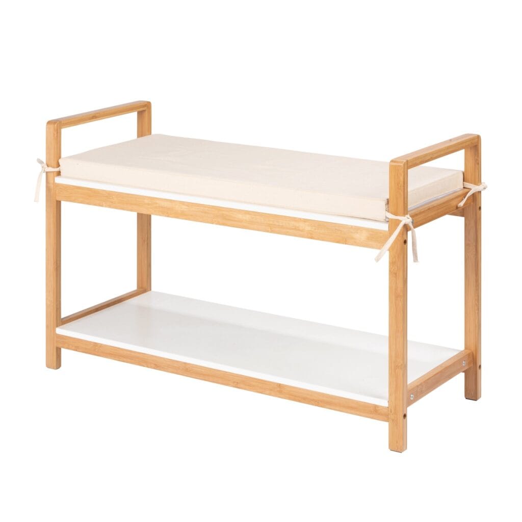 A must-have to add minimalism and functionality to any household. Made from rapidly renewable bamboo.  This modern shoe rack has a comfortably padded seat surface, it is ideal for putting on and taking off shoes and boots. Shoes can be stored easily and practically on the rack below that holds up to four pairs.