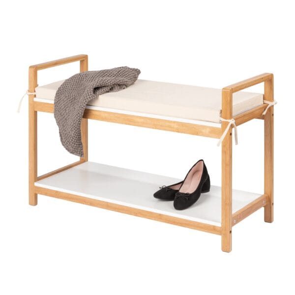 A must-have to add minimalism and functionality to any household. Made from rapidly renewable bamboo.  This modern shoe rack has a comfortably padded seat surface, it is ideal for putting on and taking off shoes and boots. Shoes can be stored easily and practically on the rack below that holds up to four pairs.