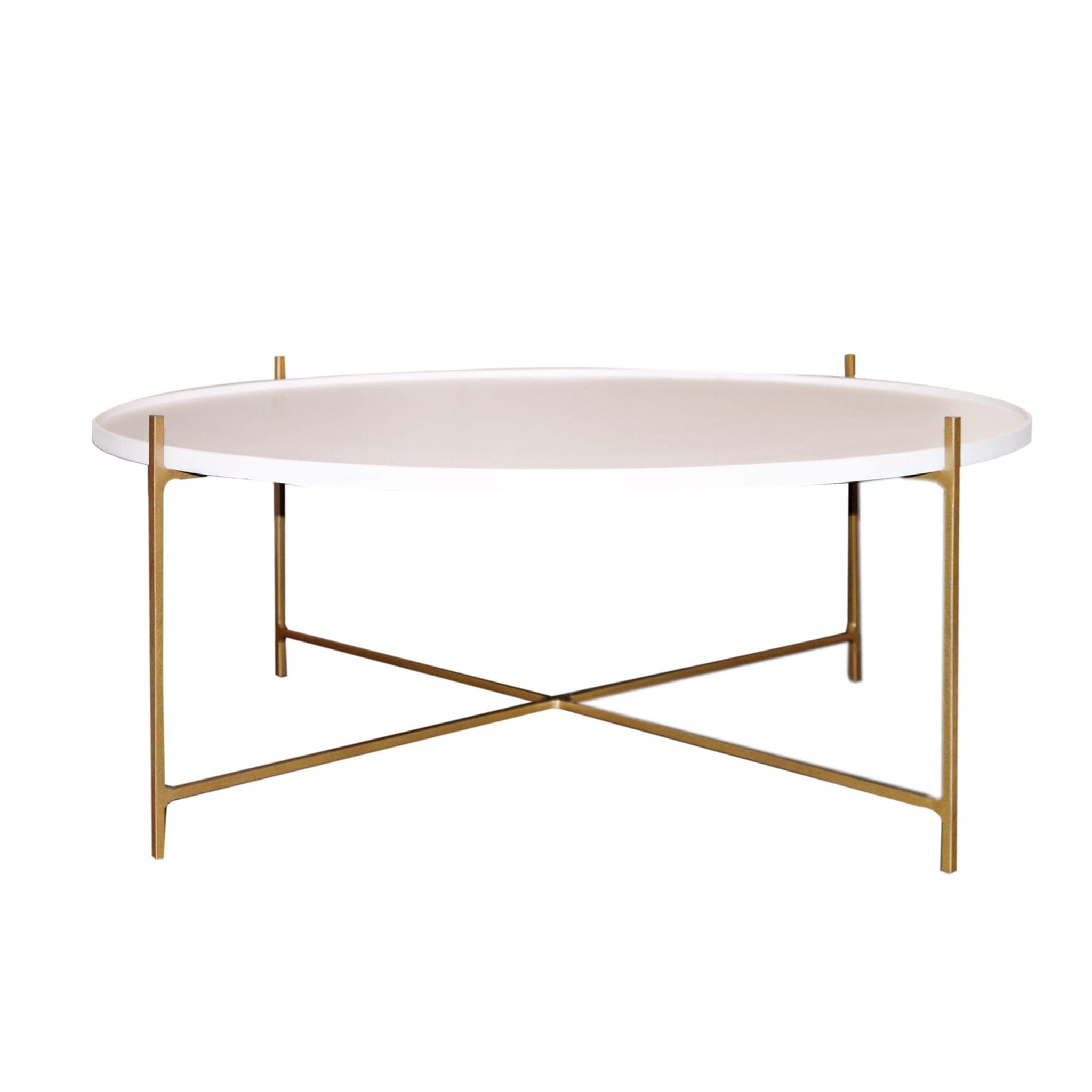 Bring a touch of contemporary elegance to your living room with this floating coffee table. Matt white top perched on a striking gold stand. Available as a side table option.