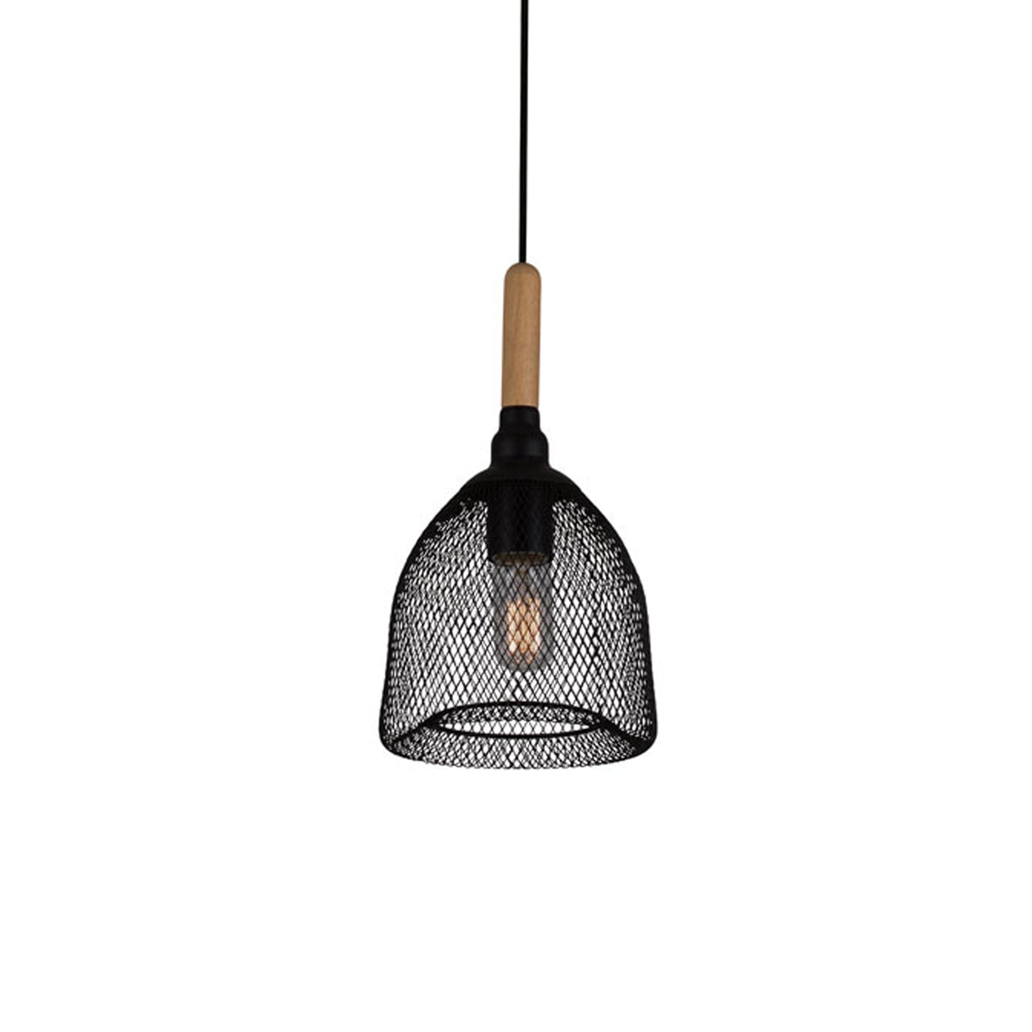 Create a warm ambience in your space with the Namada steel and wood mesh pendant light.