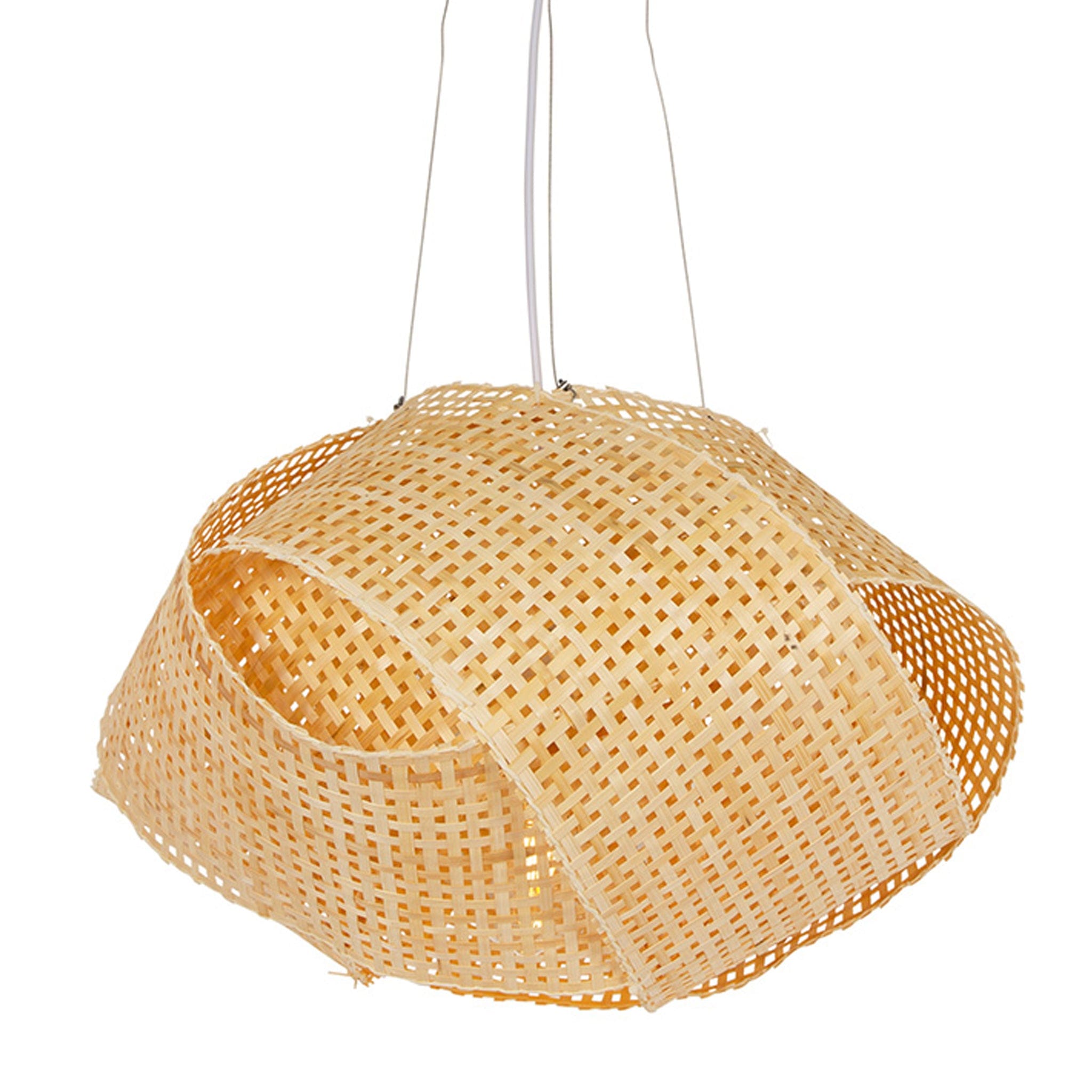 Scandinavian inspired woven bamboo hanging pendant. Enhance your space with warm lighting. Available in two sizes