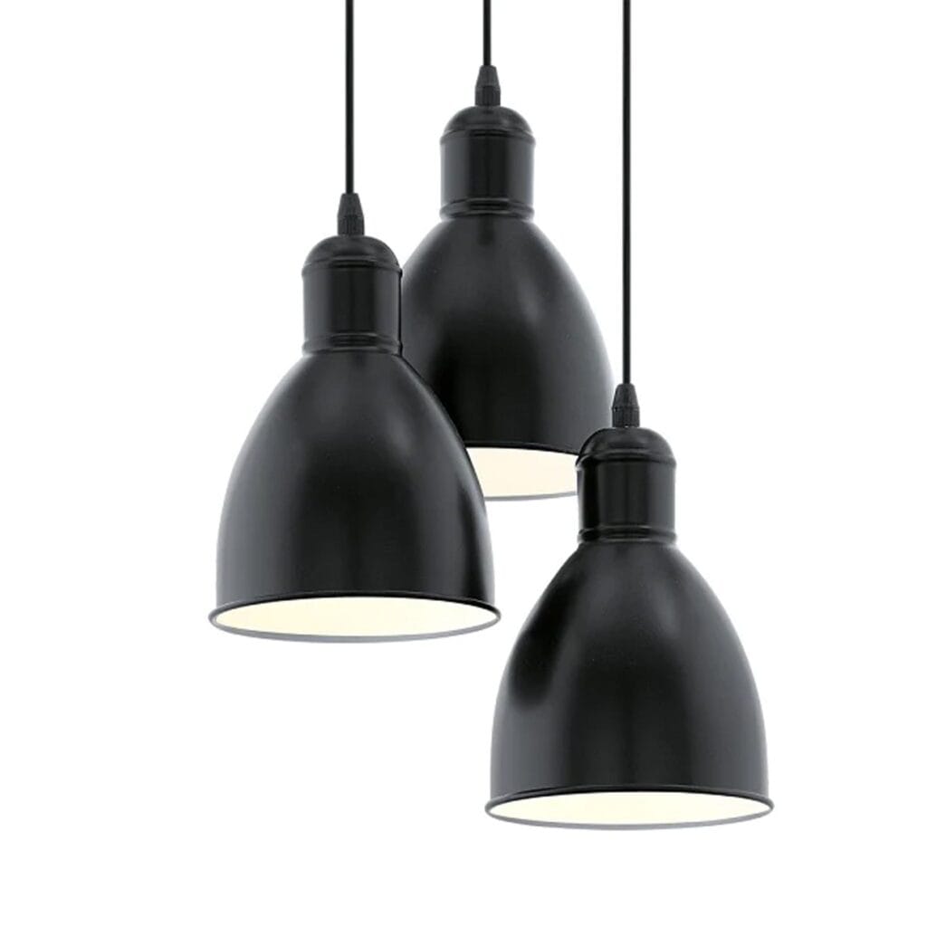 The industrial style steel Priddy 3 light pendant shade has a white interior to reflect a cleaner glow of light from within. Hang in your stairwell, bedroom, kitchen or dining room for practical yet contemporary lighting. Available in table and floor lamp options.