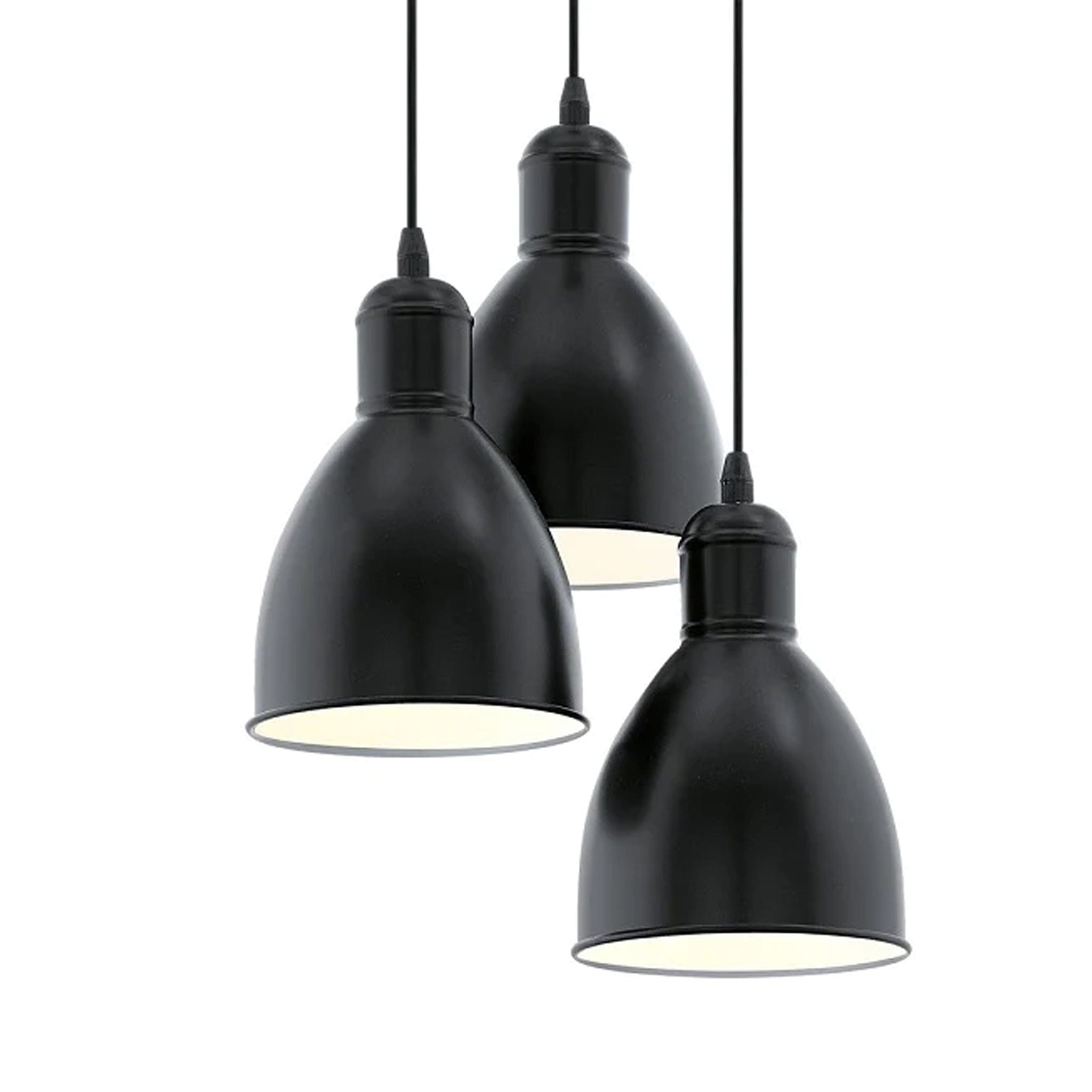 The industrial style steel Priddy 3 light pendant shade has a white interior to reflect a cleaner glow of light from within. Hang in your stairwell, bedroom, kitchen or dining room for practical yet contemporary lighting. Available in table and floor lamp options.