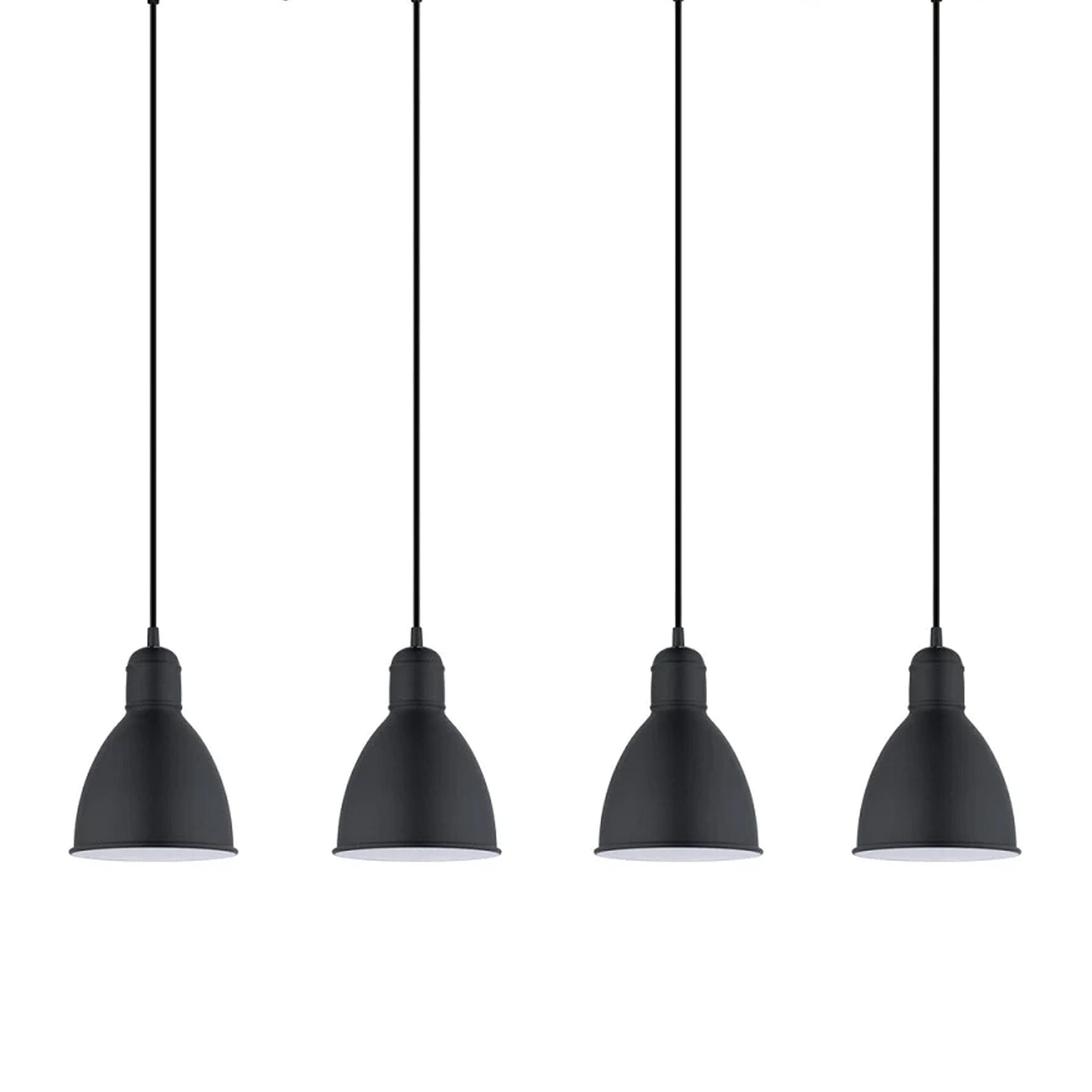 The industrial style steel Priddy 4 light pendant shade has a white interior to reflect a cleaner glow of light from within. Hang in your kitchen or dining room for practical yet contemporary lighting