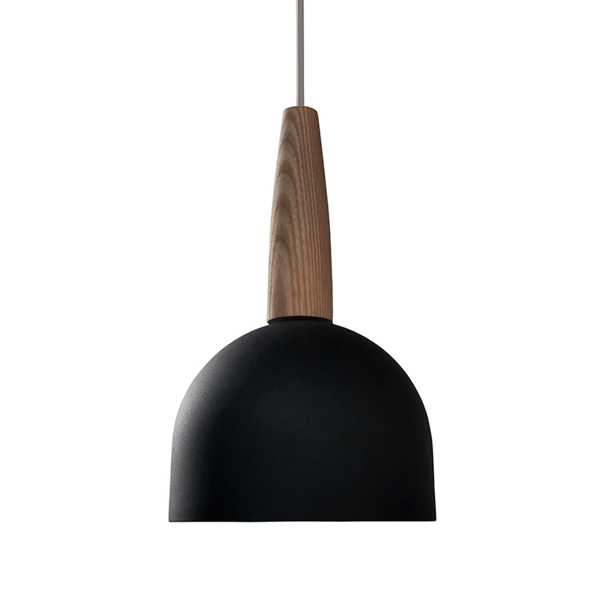 A retro aluminium spun metal hanging pendant powder coated and finished off with a wooden cone.