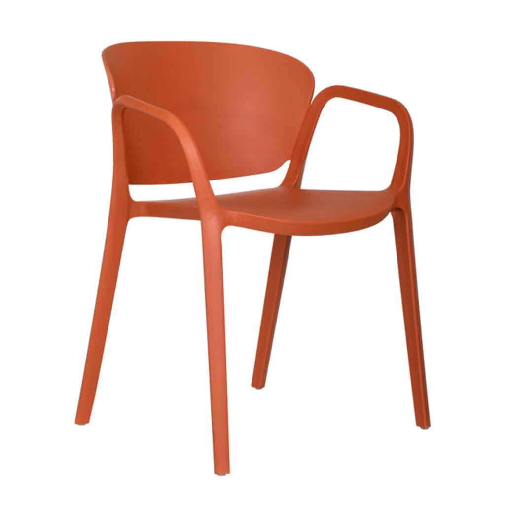 The Bent dining chair is a real eye-catcher in the dining area. Made of plastic in a range of attractive colours. Stackable for for easy storage. To protect hard floors indoors, place felt glides under the legs.