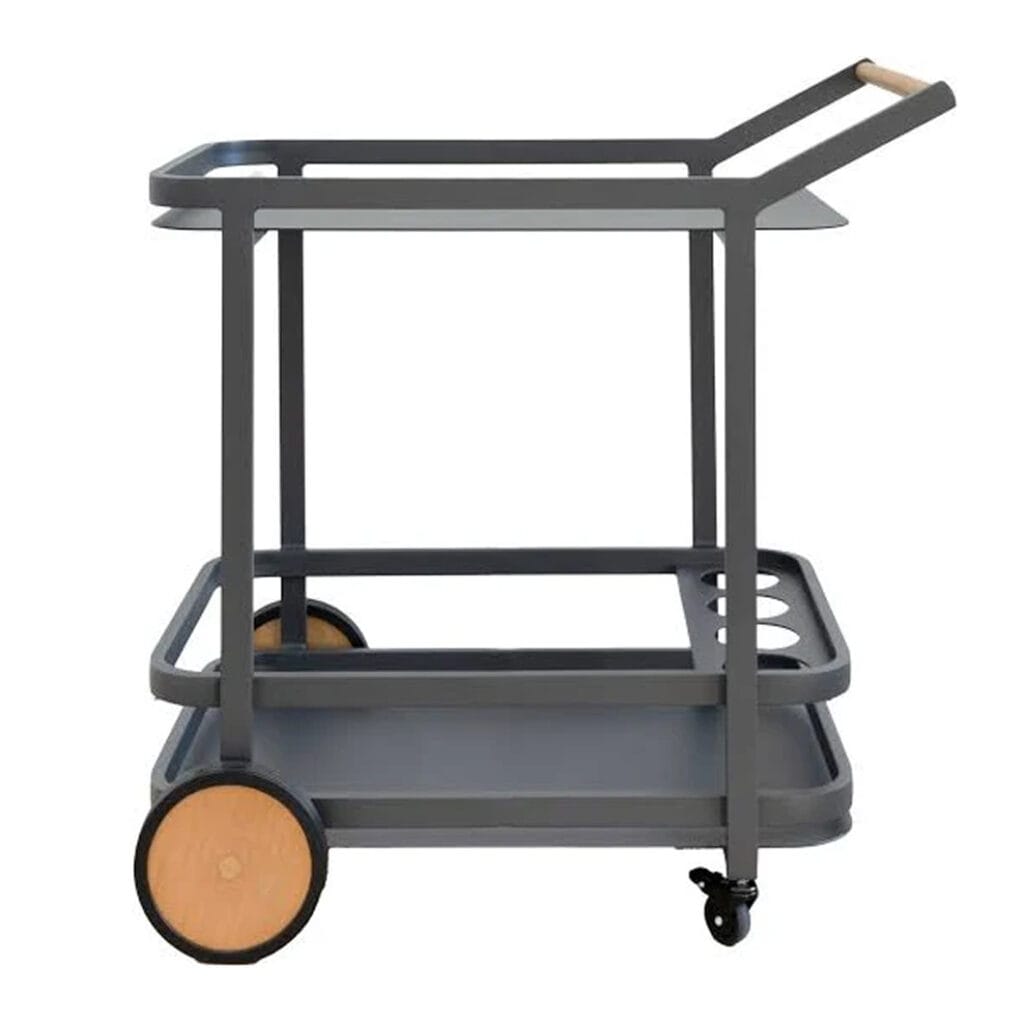 Get the party started and keep it going with the fully outdoor Alfresco drinks trolley. Made of steel and featuring chic teak finishes, this two-tier trolley can be comfortably stocked with your favourite tipple and glassware. Sturdy wheels means it can be effortlessly maneuvered to wherever the festivities are taking place.