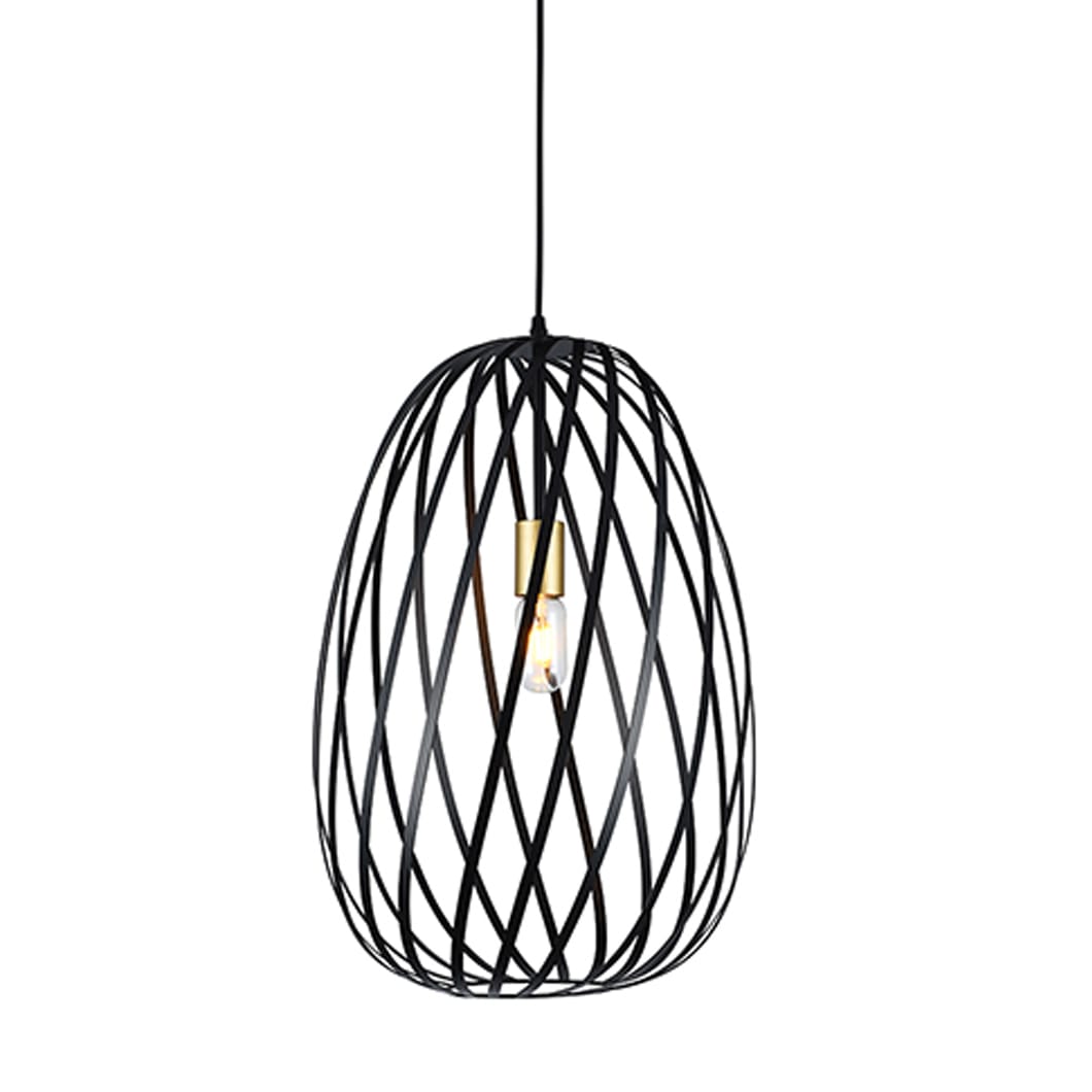 This modern pendant light features a sleek, cage-style design with interwoven steel bands forming an oval shape, adding sophistication and style to any space. The exposed bulb design radiates warm light throughout the room, creating a cozy and inviting atmosphere. A touch of gold at the bulb socket adds a hint of elegance, balancing the minimalist industrial look. Perfect for kitchens, dining areas, or entryways, the Noir Elegance pendant adds a contemporary touch to various decor styles.