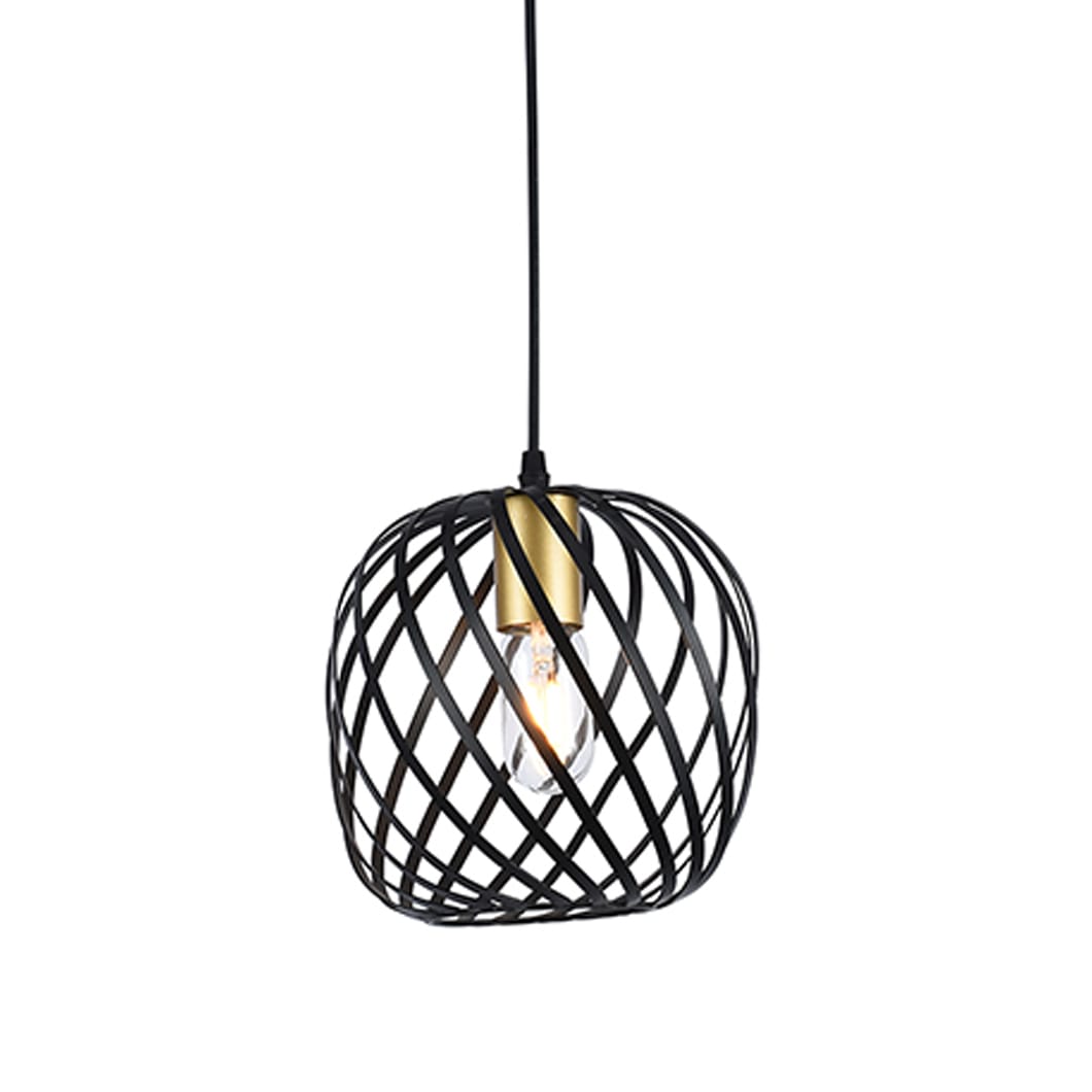 This modern pendant light features a sleek, cage-style design with interwoven steel bands forming an oval shape, adding sophistication and style to any space. The exposed bulb design radiates warm light throughout the room, creating a cozy and inviting atmosphere. A touch of gold at the bulb socket adds a hint of elegance, balancing the minimalist industrial look. Perfect for kitchens, dining areas, or entryways, the Noir Elegance pendant adds a contemporary touch to various decor styles.