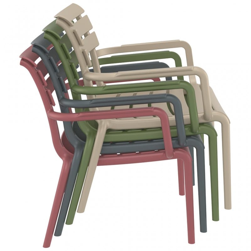 Paris Lounge Armchair is stackable and produced with a single injection of polypropylene reinforced with glass fiber, for indoor and outdoor use and with non-slip feet. Pair it with the matching footrest table, perfectly designed to echo the chair's stylish silhouette.