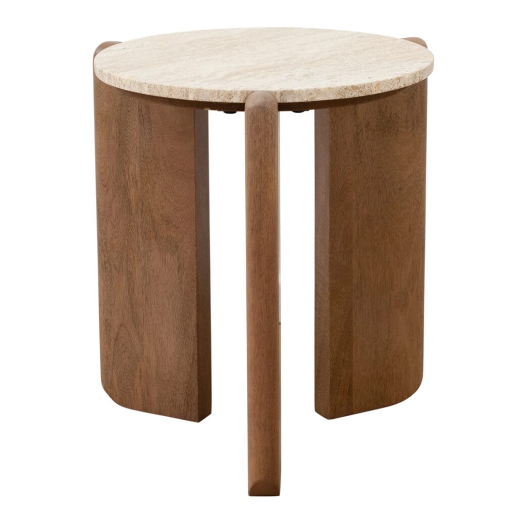 Our boldly proportioned Cascade range of side tables and coffee tables blends the warmth of wood with the cool sophistication of stone. Crafted by hand, these head-turners feature legs made of solid mango wood and a travertine tabletop, which mimics the classic appeal of marble with its polished finish. Minor assembly required