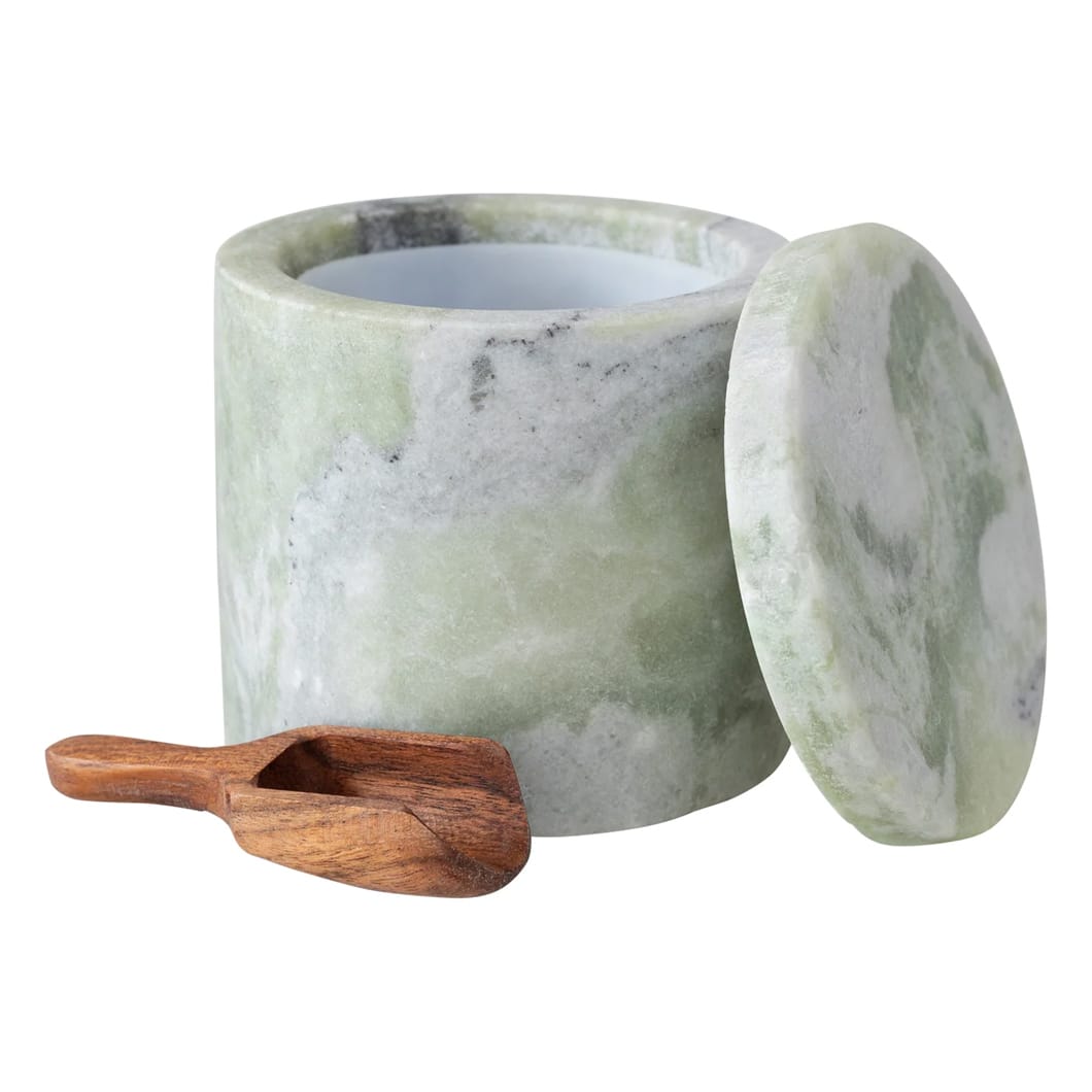 The Divine collection of bathroom accessories will bring a touch of serenity to your daily morning and evening rituals. Made of marble and featuring refreshing alabaster and olive tones, this heavenly range consists of a soap dish, tray, tumbler and a container that comes with a spoon (perfect for your precious bath salts).