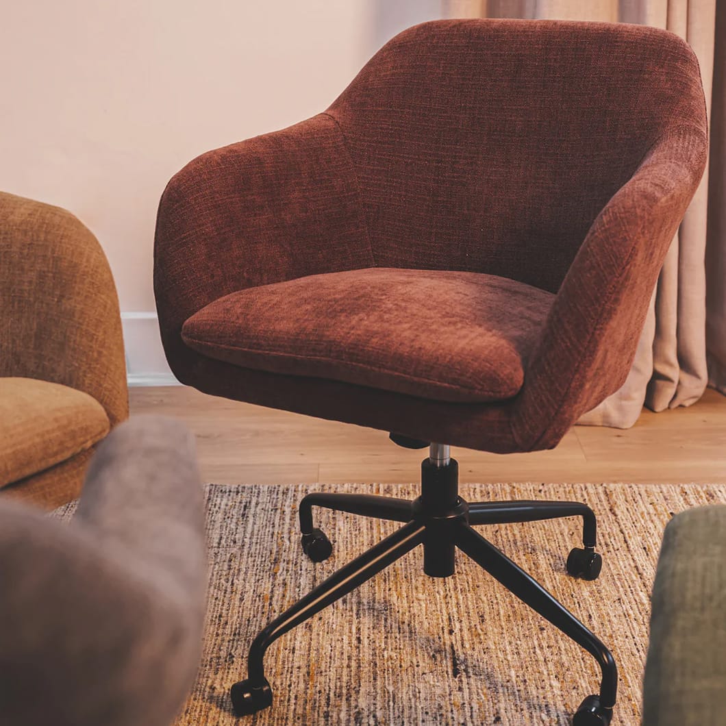 With its adjustable swivel seat, steel legs and padded seat, the comfy and durable Miranda office chair is essential for a productive home office experience. Upholstered with 100% Polyester fabric and available in four shades, the Miranda is the perfect blend of modern style and ergonomic design. Minor assembly required.