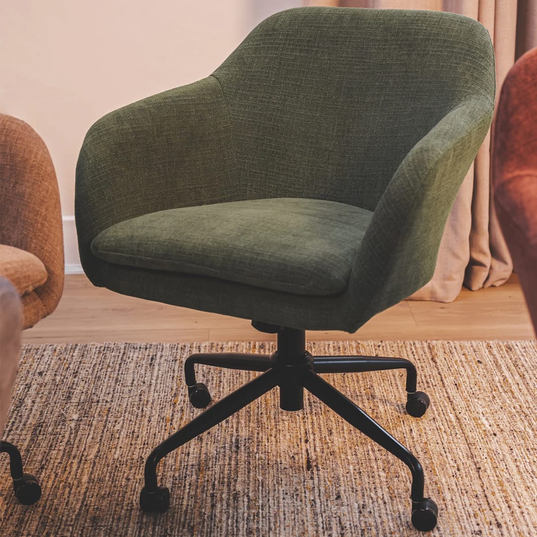 With its adjustable swivel seat, steel legs and padded seat, the comfy and durable Miranda office chair is essential for a productive home office experience. Upholstered with 100% Polyester fabric and available in four shades, the Miranda is the perfect blend of modern style and ergonomic design. Minor assembly required.